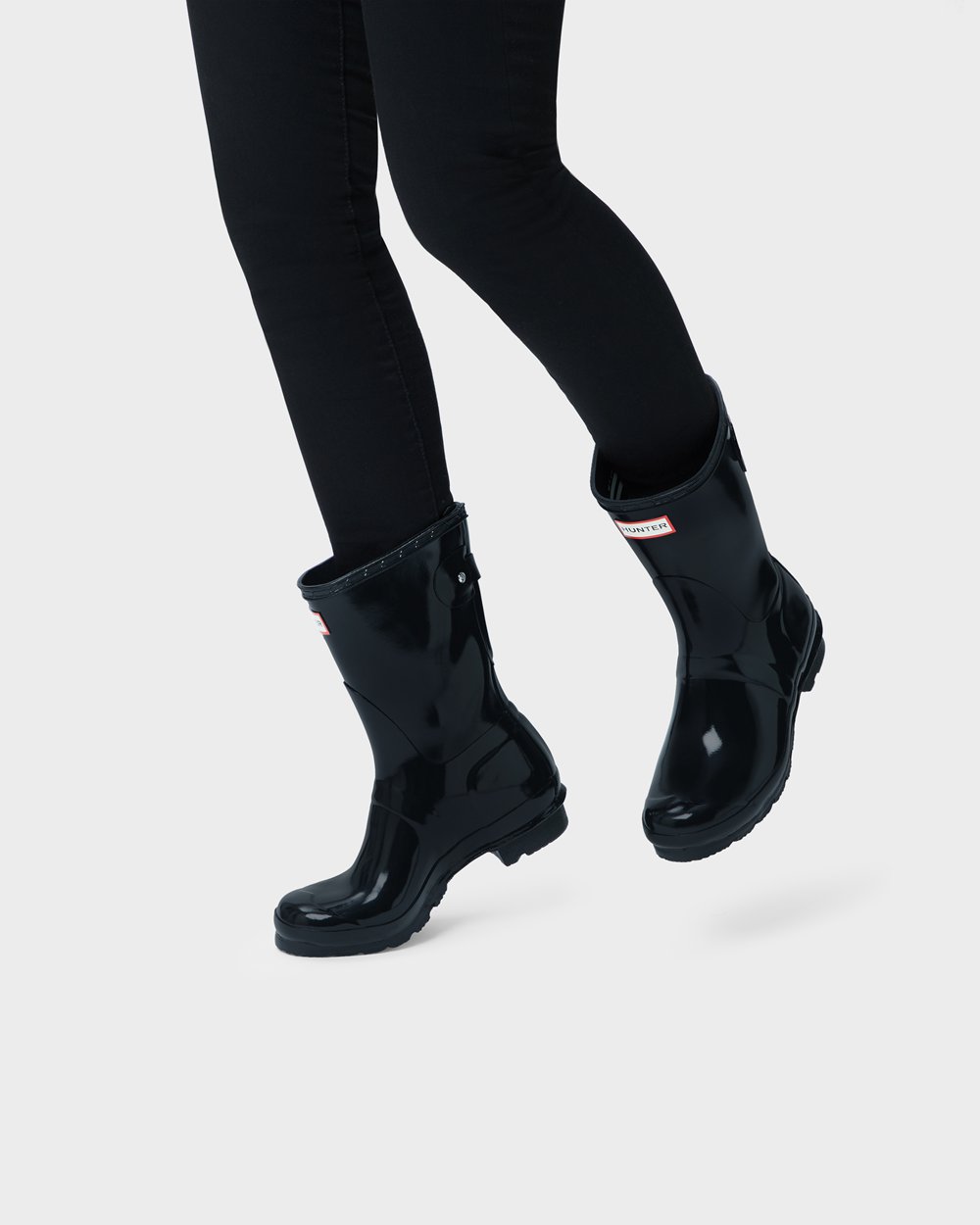 Women Hunter Original Back Adjustable Gloss | Short Rain Boots Black | NZ-29341-RDHX